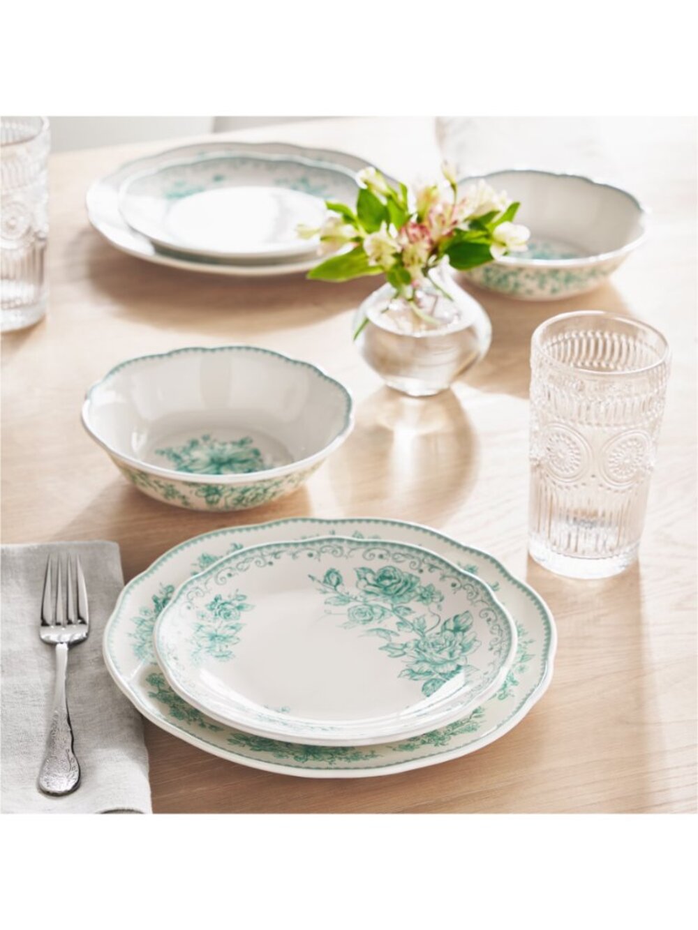The Woman Pioneer Green Floral Design Agatha 12-Piece Stoneware Dinnerware Set
